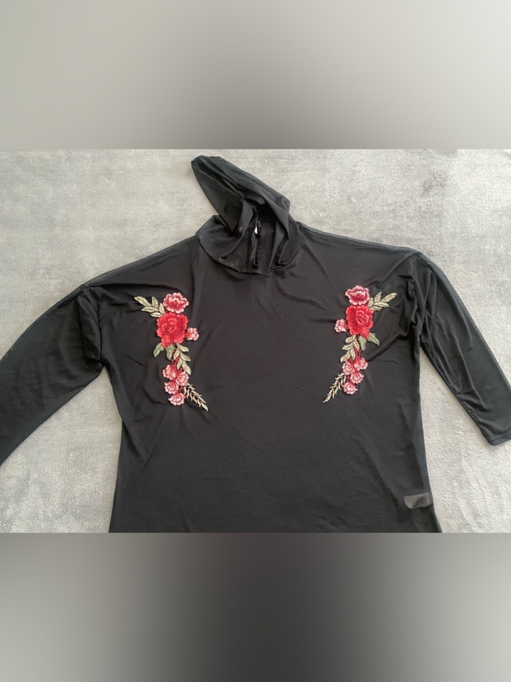 TMGNY Sheer Mesh Floral Embroidered Hooded Top Black 2X Stretch edgy festival